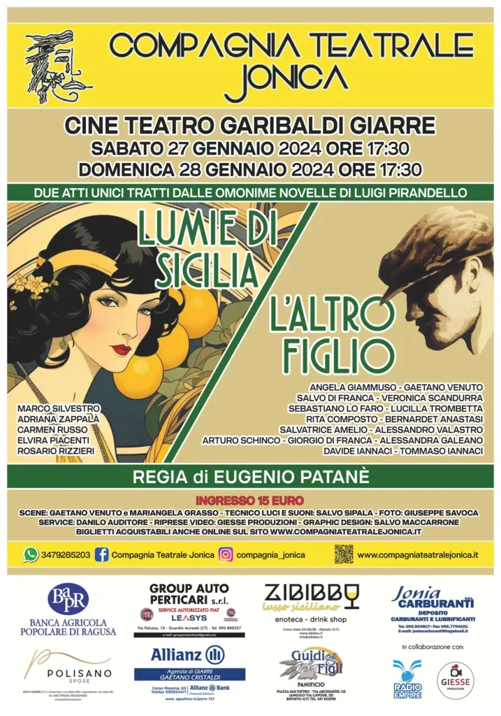 Locandina di Lumie di Sicilia e L'altro figlio di Luigi Pirandello, Compagnia Teatrale Jonica, gennaio 2024